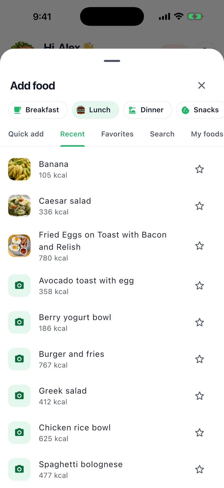 Nomi quick logging screen with barcode and manual food options