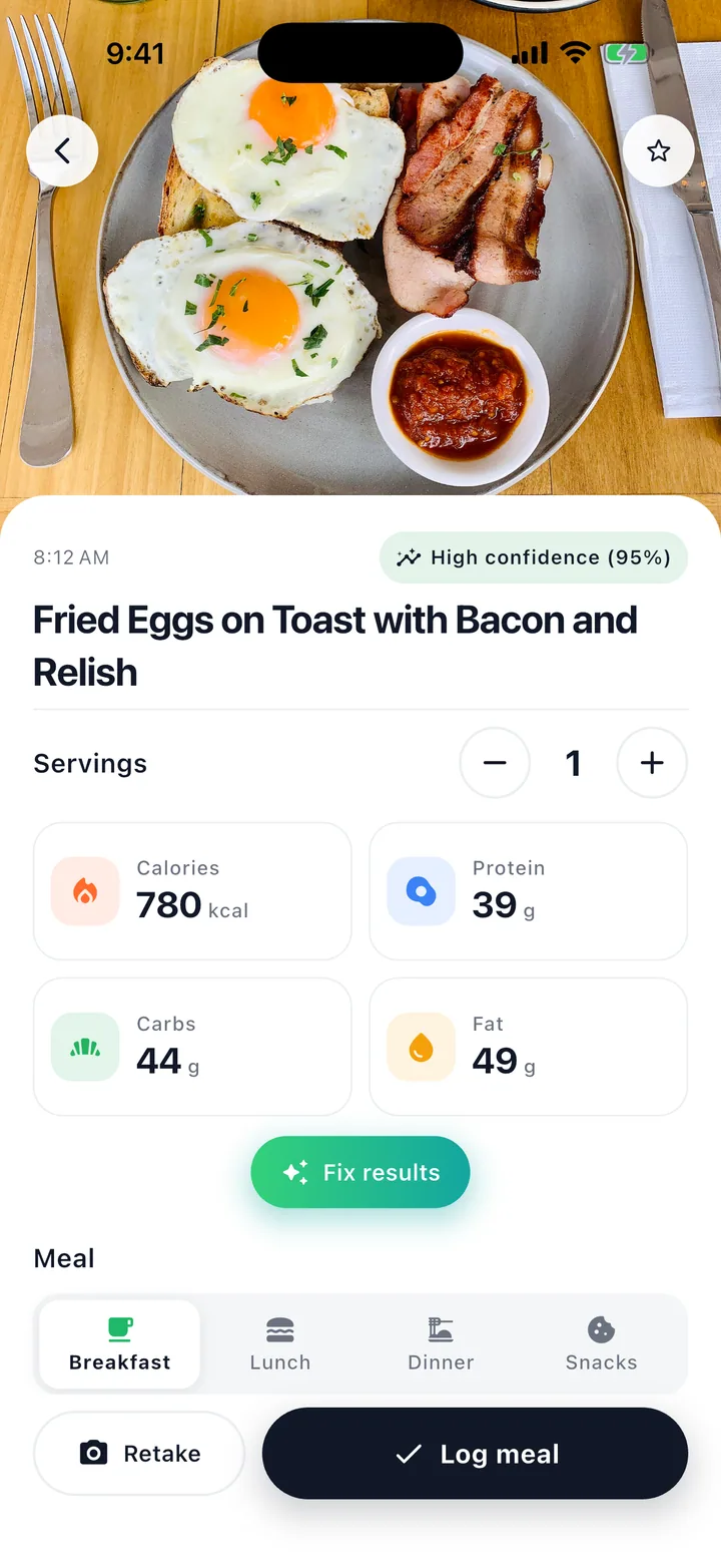Nomi meal scan result listing foods, portions, calories and macros